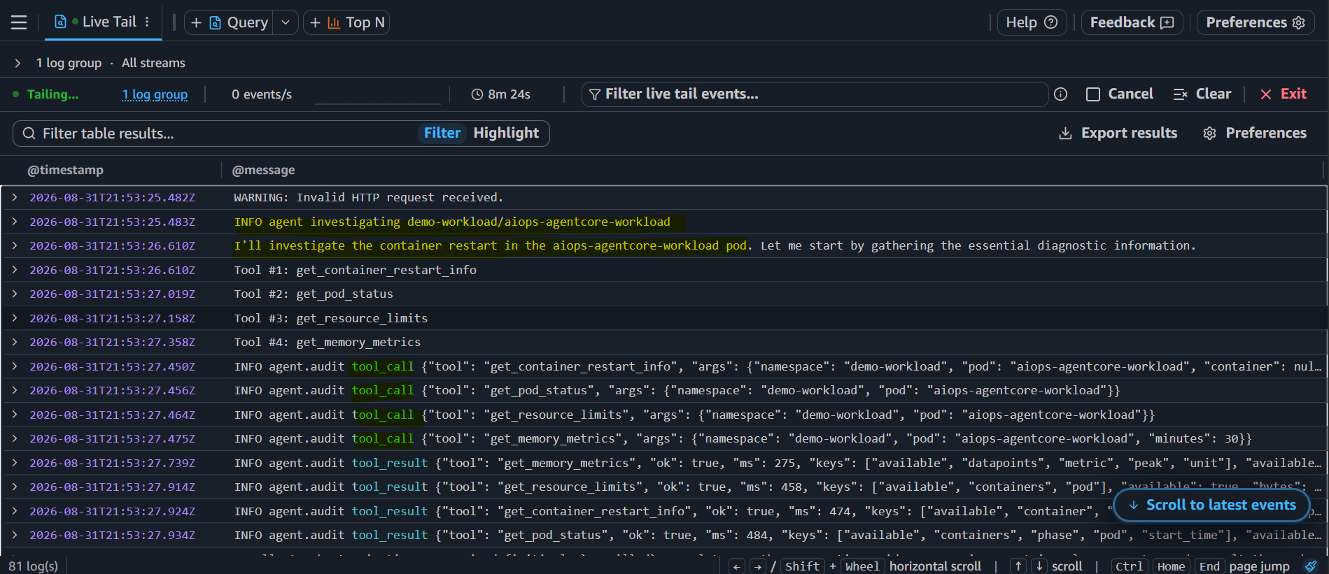 Agent diagnosis execution logs